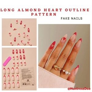 Long Almond Heart Outline Pattern Fake Nails - 24pcs